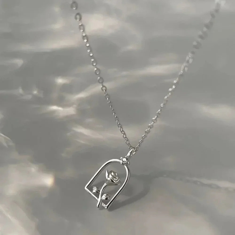 925 Sterling Silver Rose Pendant Necklace Dainty Romantic Rose Flower Necklace